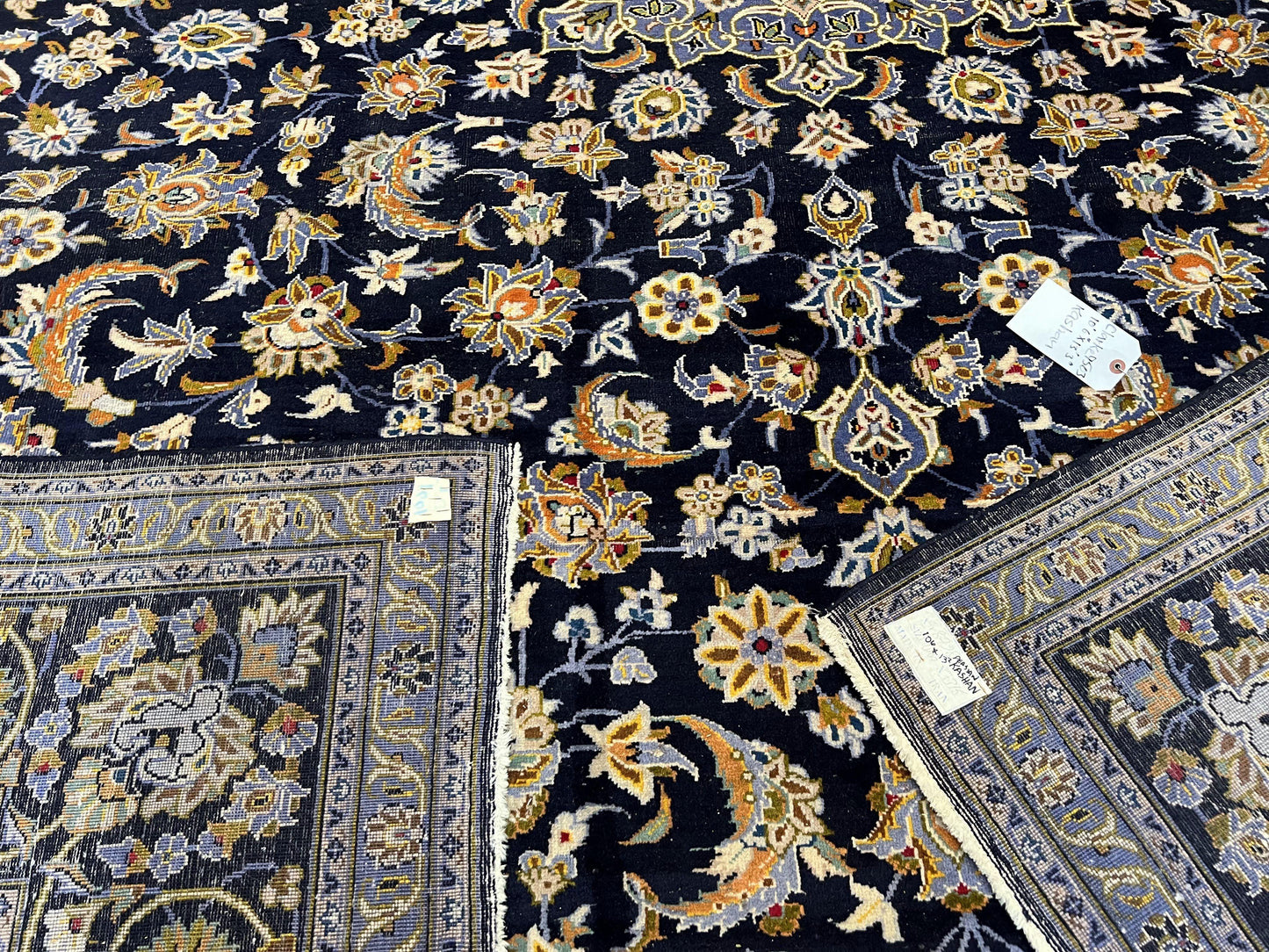 Wonderful Navy Blue Persian Kashan Rug 11x13, Allover Floral Design with Central Medallion, Wool Hand-Knotted Antique Carpet, Signed Rabani Rug