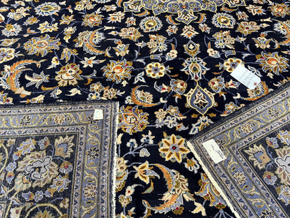 Wonderful Navy Blue Persian Kashan Rug 11x13, Allover Floral Design with Central Medallion, Wool Hand-Knotted Antique Carpet, Signed Rabani Rug