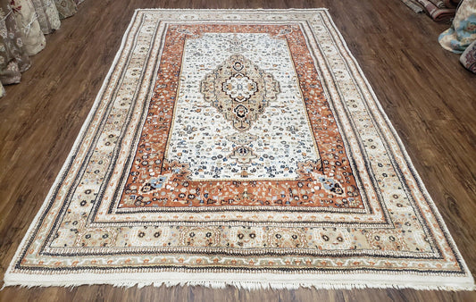 Vintage Indo Persian Wool Rug Hand Knotted Floral Medallion Tribal 6x9 Ivory Orange