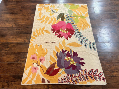Indian Hand Stitched Rug 4x6, Floral, Silk, Large Floral Design
