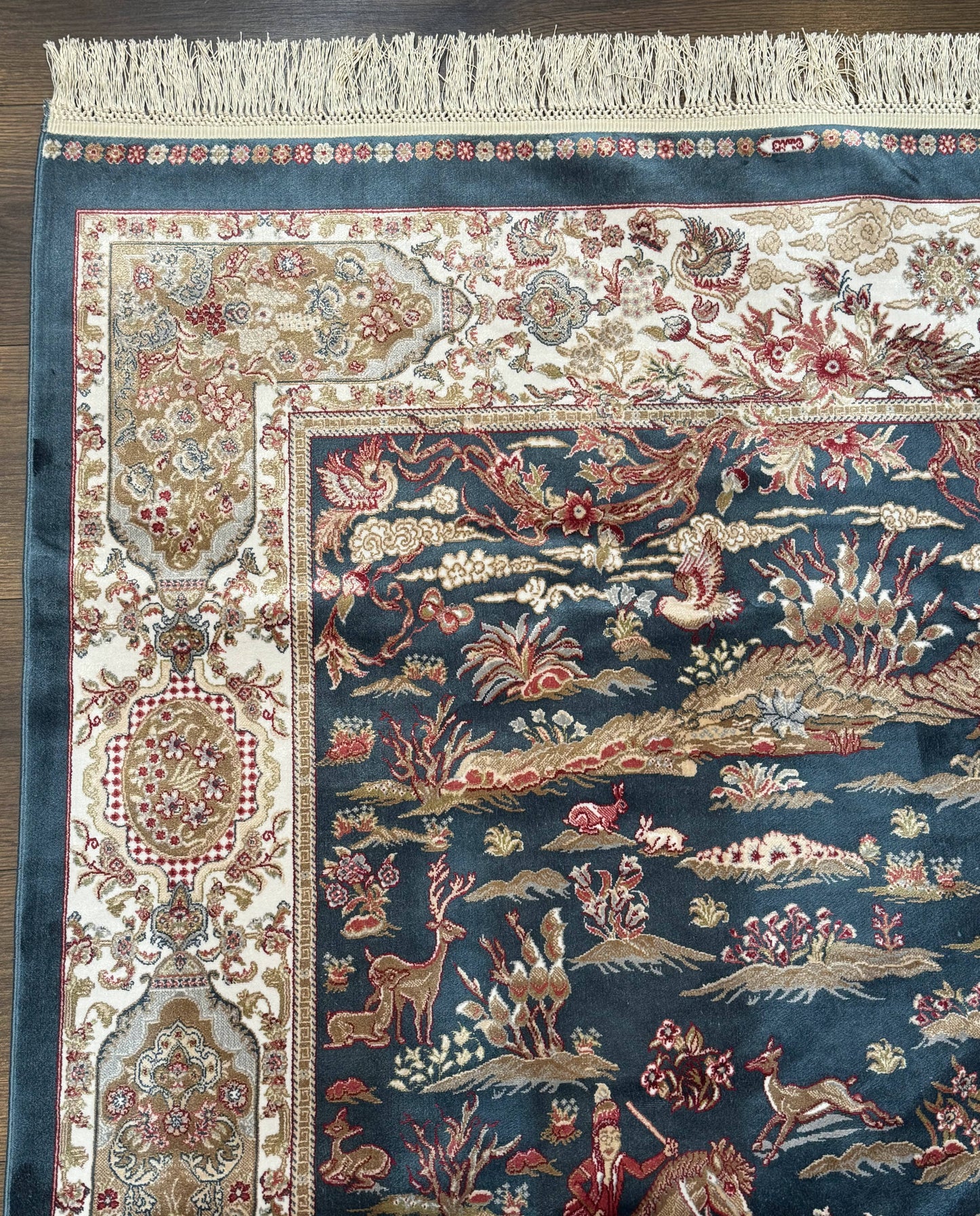 Turkish Silk Hunting Design Rug 4x6 in Dark Steel Blue and Ivory, Bamboo Silk