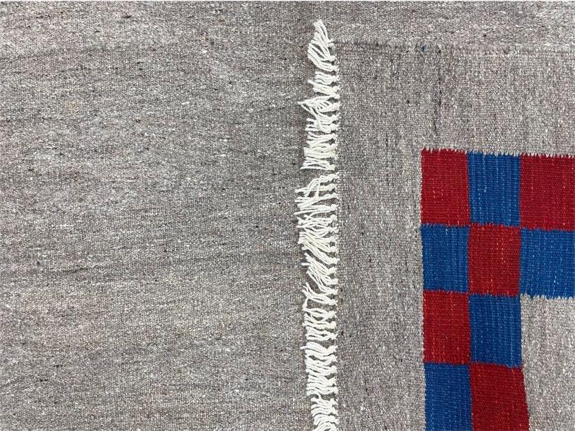 Gray Turkish Kilim Carpet 5' 7" x 7' 7", Medium Kilim Rug, Hand-Knotted, Blue & Red Border, Minimalistic Design, Geometric, Wool, New