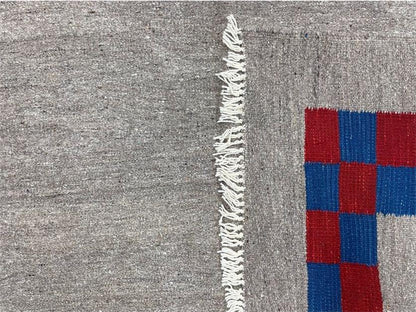 Gray Turkish Kilim Carpet 5' 7" x 7' 7", Medium Kilim Rug, Hand-Knotted, Blue & Red Border, Minimalistic Design, Geometric, Wool, New