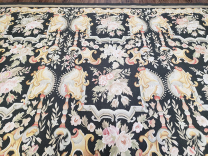 Vintage Black Aubusson Area Rug 8x10, Large Flowers Chinese Aubusson Carpet 7.9 x 10, Wool Hand-Knotted Floral Pattern Flat Weave Rug Nice