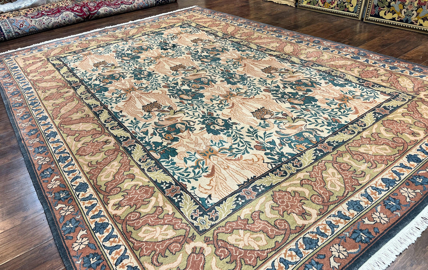 Handmade Vintage Wool Rug 10x13 Floral Birds Beige Couristan