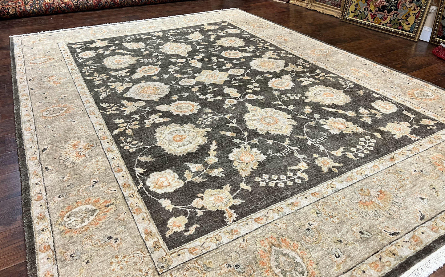 Indo Persian Rug 9x12 Hand Knotted Wool Vintage Floral Dark Brown Carpet