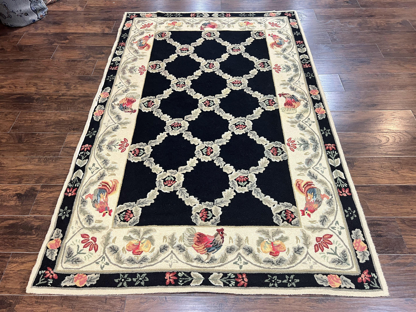 Hooked Rug 5x8 Vintage Wool Aubusson Pattern With Roses And Roosters