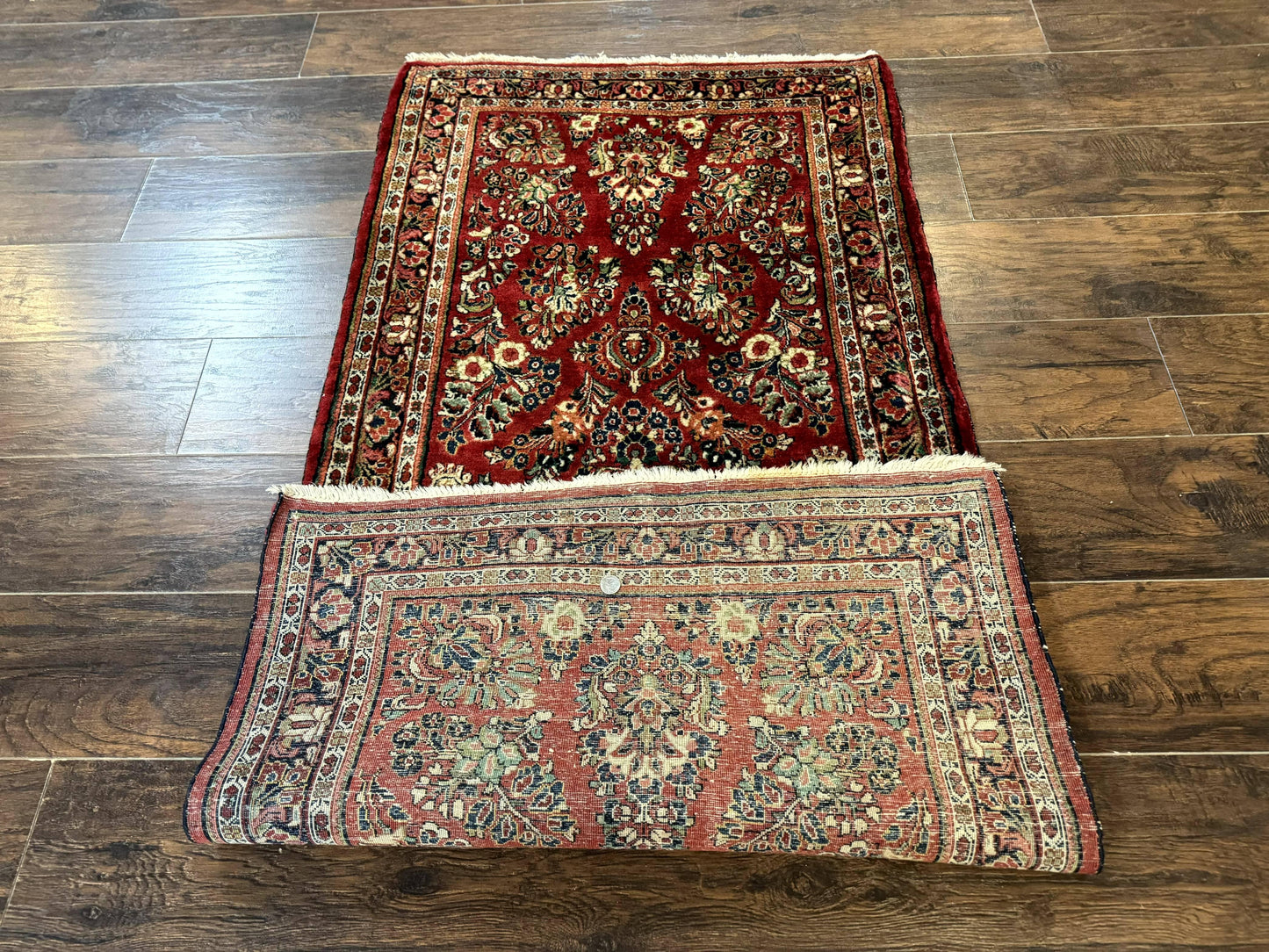 Red Persian Sarouk Rug 3 x 5.8, Antique Wool Carpet, 210 KPSI