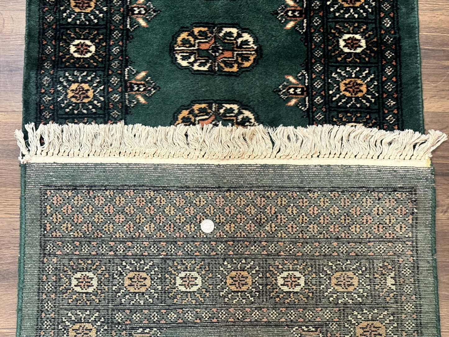 Pakistani Bokhara Runner Rug 2.5 x 11, Green Turkoman Wool Runner for Hallway