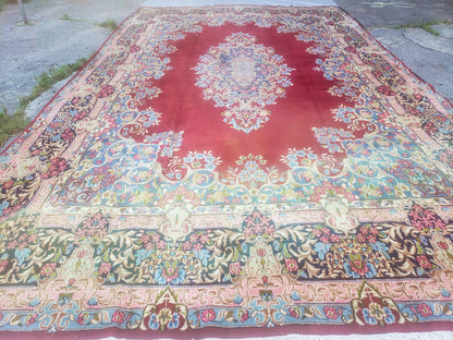 Antique Persian Kirman Rug 10x17 Oriental Carpet 10 x 17, Red, Multicolor, Namazian Signature Master Weaver, Shabby Chic, Semi Open Field