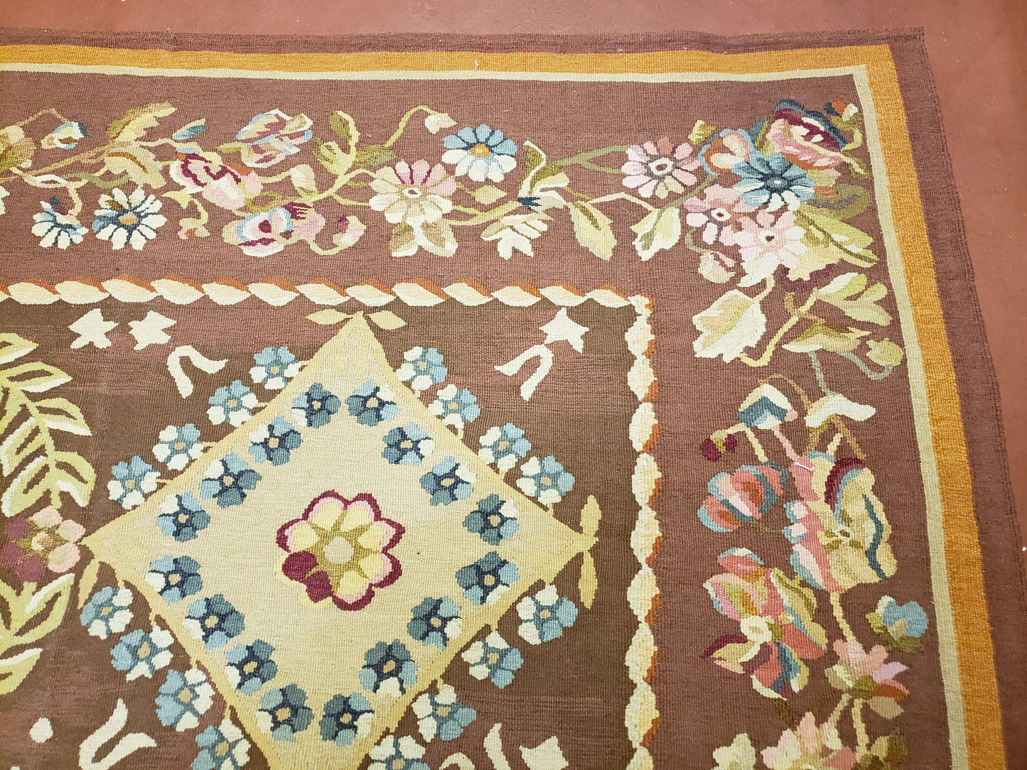 Aubusson Rug 6x9 Handmade Wool Flat Weave With Floral European Design