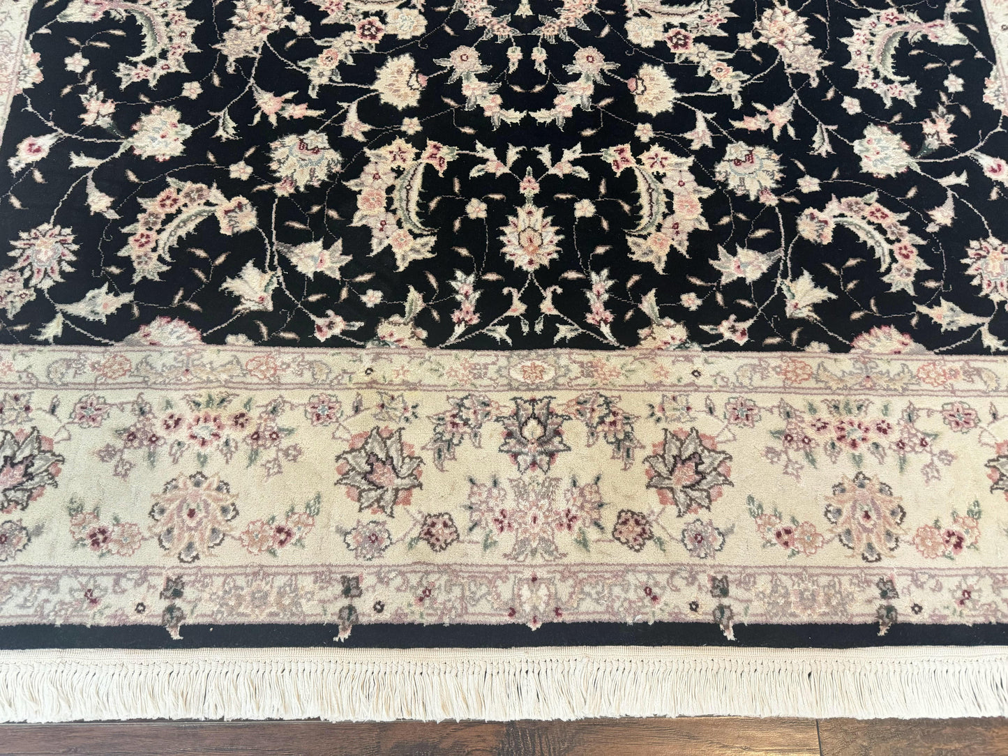 Sino Persian Rug 6x9, Black and Ivory, Wool and Silk Highlights, Handmade