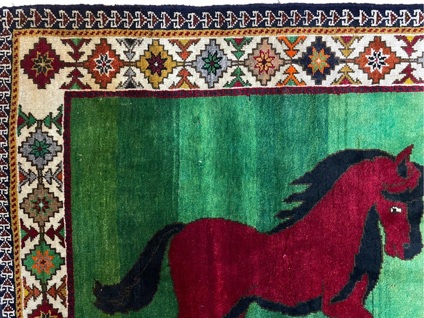 Handmade Wool Pictorial Horses Rug 4x7 Green Butterfly Colorful