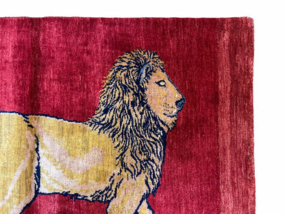 Handmade Wool Rug 3x5 Hand Knotted Pictorial Lion Rug With Red Organic Dyes