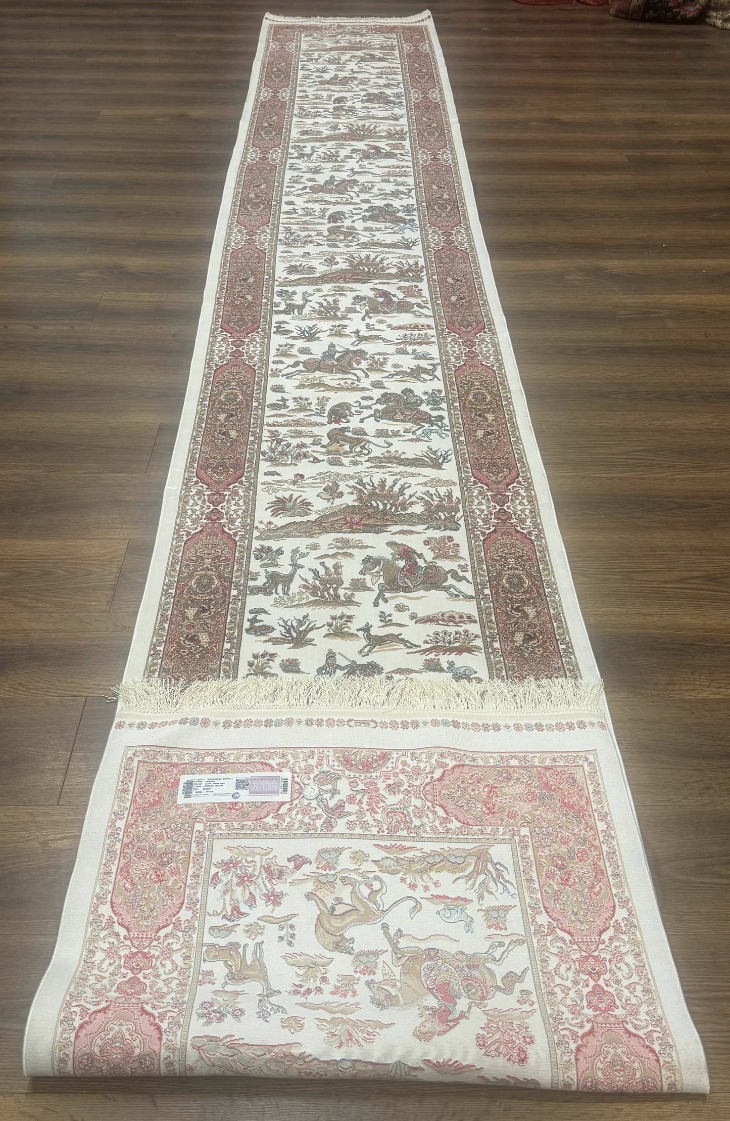 Long Turkish Silk Runner Rug 2.6 x 16.5, Hunting Design, Ivory, Bamboo Silk, New
