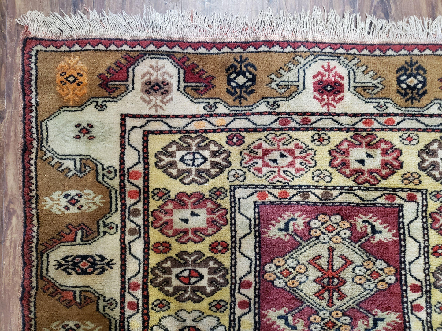 Turkish Caucasian Rug 4x7 Hand Knotted Wool Vintage Area Rug Cream Burnt Orange Carmine Red