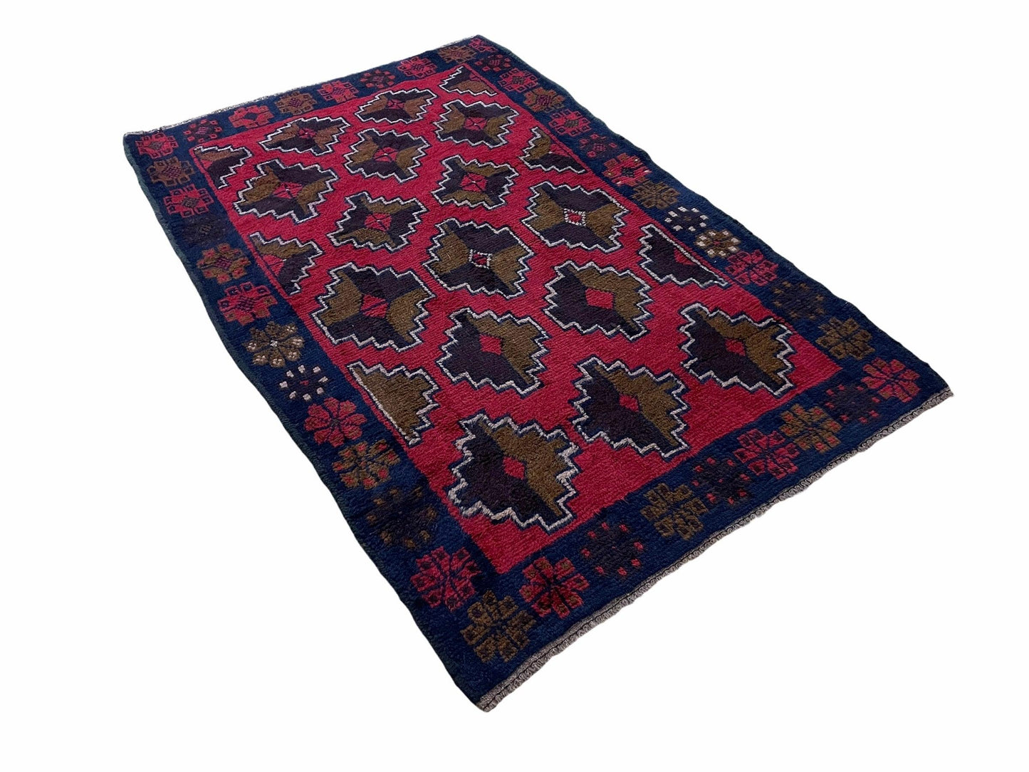 Balouchi Rug Vintage Handmade Afghan Wool Rug 3 By 4 Ft 7 In Red Brown Tribal Design