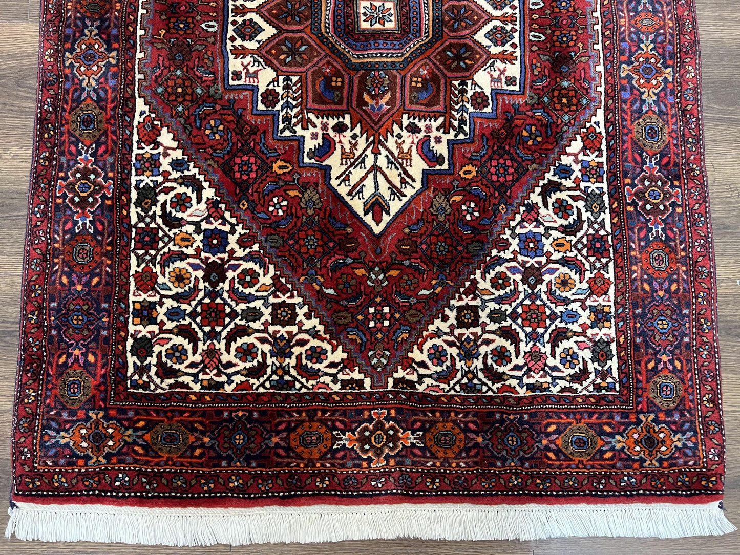 Fine Persian Bidjar Rug 3x5, Geometric Medallion Oriental Bijar Carpet 3 x 5 ft, Ruby Red and Cream, Hand Knotted Wool Rug, Semi Antique Tribal Rug, Nice