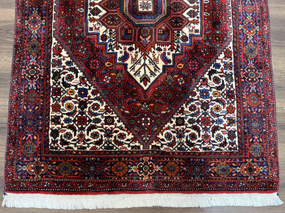 Fine Persian Bidjar Rug 3x5, Geometric Medallion Oriental Bijar Carpet 3 x 5 ft, Ruby Red and Cream, Hand Knotted Wool Rug, Semi Antique Tribal Rug, Nice
