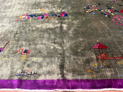 Antique Chinese Nichols Rug 9x12 Rare Green and Purple Art Deco Carpet