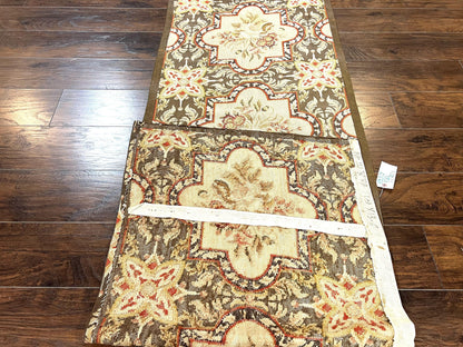 Needlepoint Runner Rug 9.8 Ft Handwoven Wool Floral Brown Beige European Design