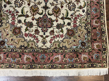 Fine Persian Tabriz Rug 3x5, Floral Medallion, 340 KPSI, Ivory Salmon