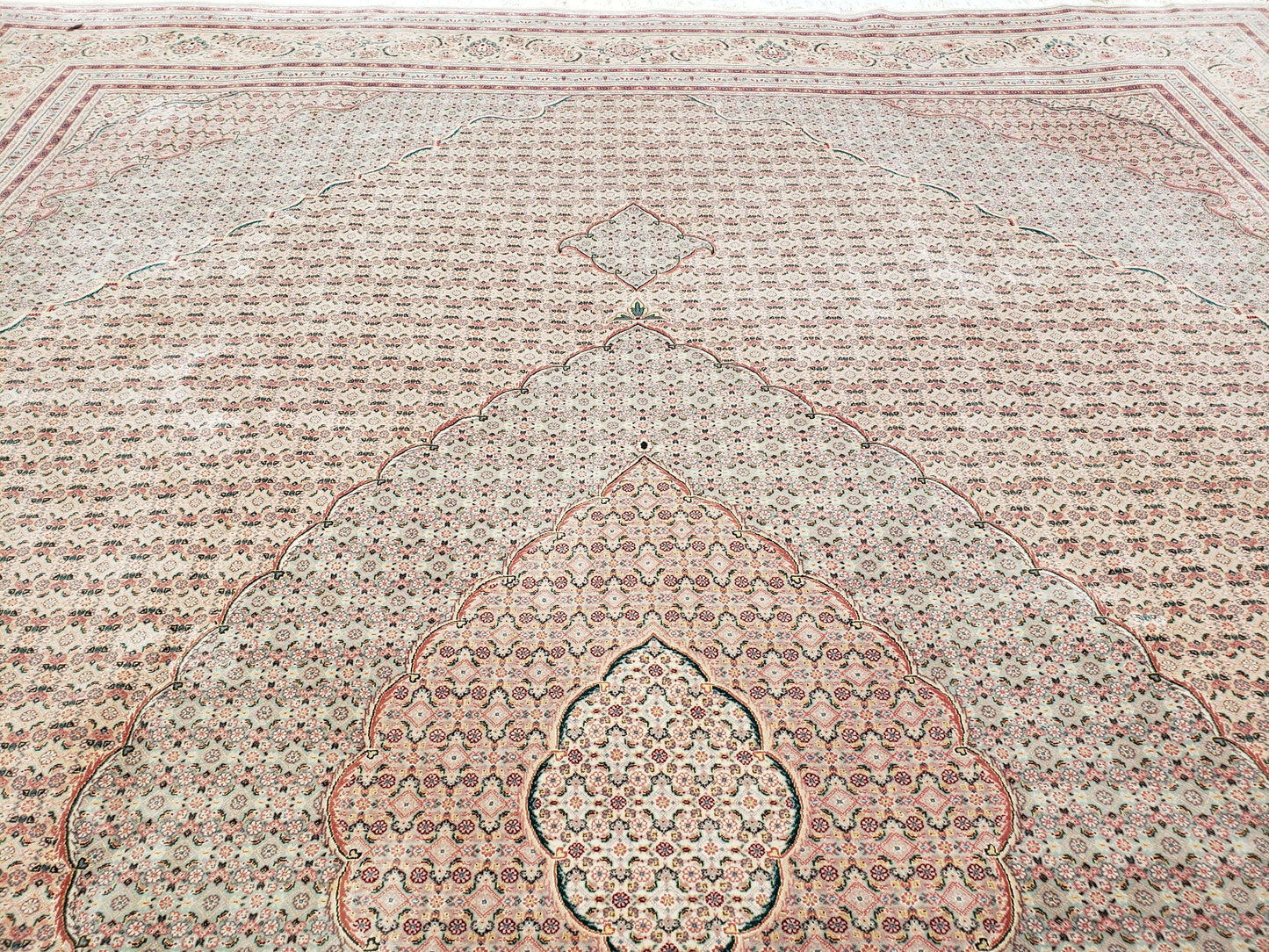 Stunning Oversized Sino Persian Oriental Rug 12x15, Hand Knotted Wool & Silk Palace Sized Carpet, Mahi Pattern, Very Fine, Peach Beige, Wow