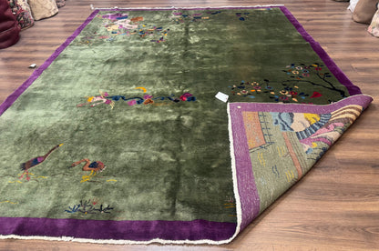 Antique Chinese Nichols Rug 9x12 Rare Green and Purple Art Deco Carpet