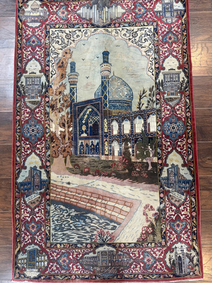 Persian Isfahan Pictorial Rug 3.6 x 5.7, Very Fine 400 KPSI, Historical Buildings, Signed By Masterweaver, Handmade