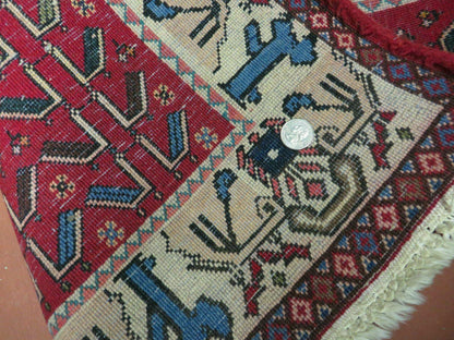 Vintage Handmade Wool Rug India Geometric Oriental Birds Ivory Red 3x5