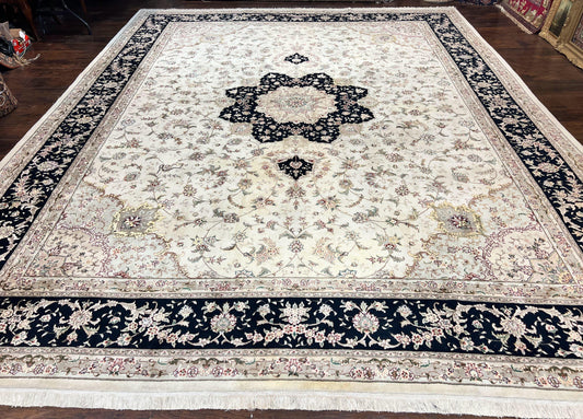 Sino Persian Rug 12x15 Ivory And Black Floral Medallion Wool Silk Vintage Oriental Rug