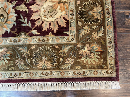 Indo Mahal Rug 6x9, Large Flowers Allover, Maroon and Green, Handmade Wool Area Rug, Vintage Rug, Indian Oriental Carpet, Hand Knotted Rug