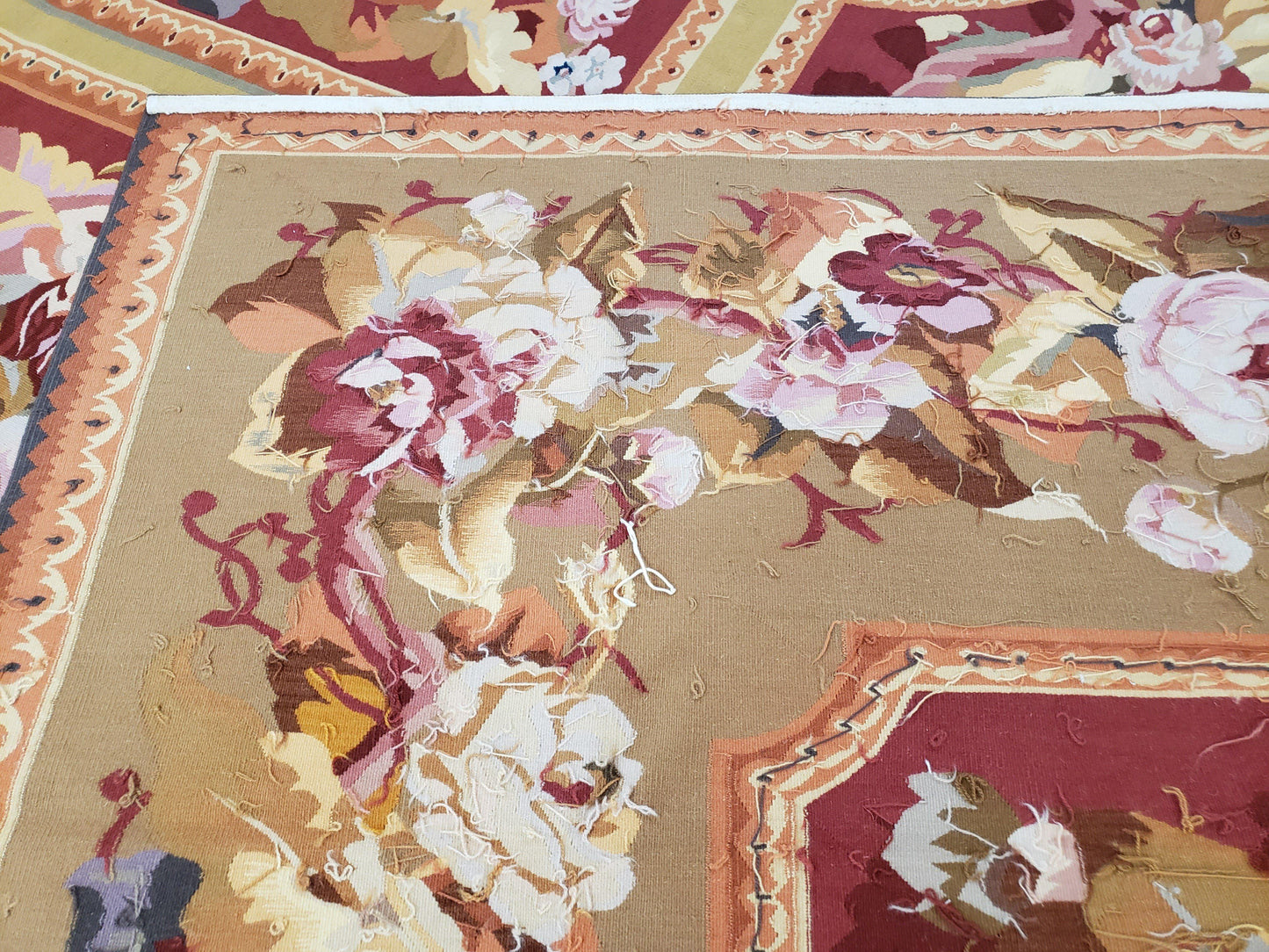 Vintage Chinese Aubusson Savonnerie Flat Pile Rug 9.9 x 14.5 Wool Handwoven Red & Khaki Large Flowers Rug 9x14 - 10x15 Michaelian Kolhberg
