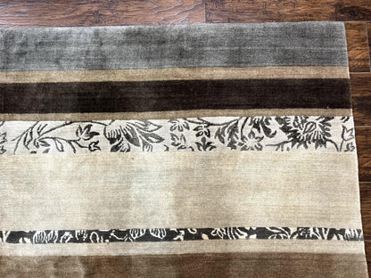 Tibetan Nepali Rug Handmade Wool With Silk Highlights And Stripe Pattern 8x12