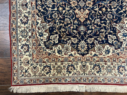Persian Nain Rug Super Fine Hand Knotted Wool Silk Accents Navy Blue Ivory 3.6 X 5.4