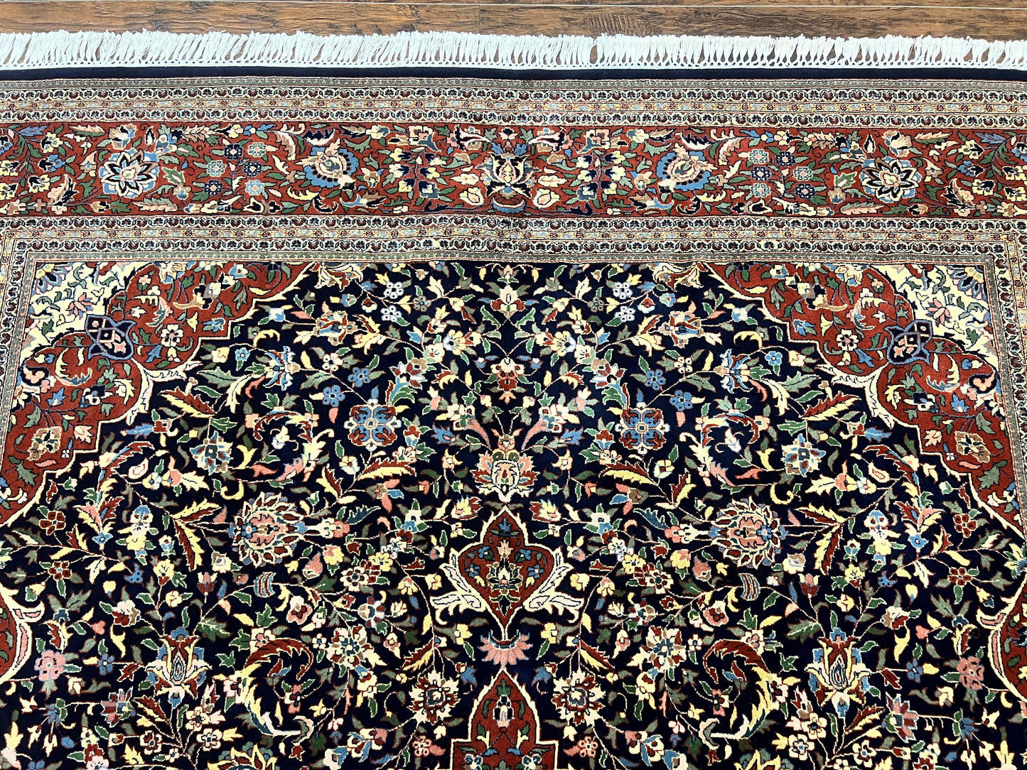 Indo Persian Rug 8x10 Floral Medallion Vintage Handmade Wool Carpet Navy Blue Red 300 KPSI