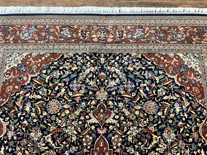 Indo Persian Rug 8x10 Floral Medallion Vintage Handmade Wool Carpet Navy Blue Red 300 KPSI