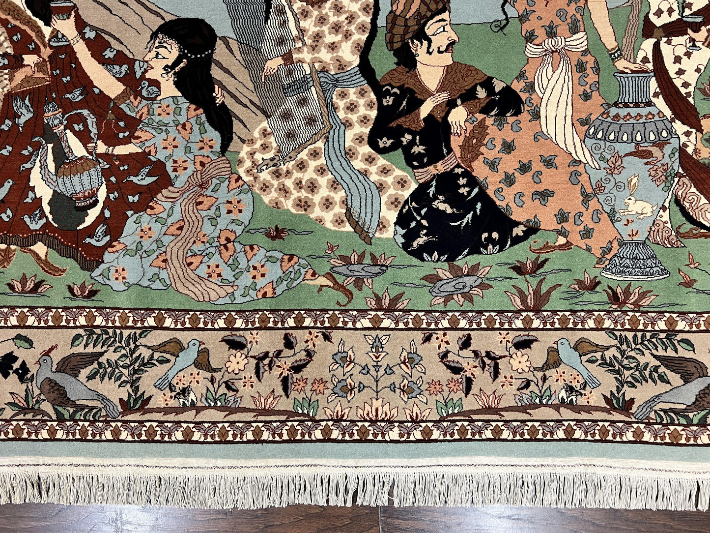 Indo Persian Pictorial Rug 4x7 Hand Knotted Wool Semi Antique Handmade Bird Pictorial Rug