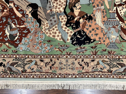 Indo Persian Pictorial Rug 4x7 Hand Knotted Wool Semi Antique Handmade Bird Pictorial Rug