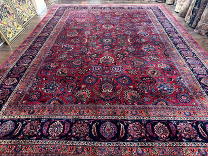 Palace Size Persian Mashad Rug 12x16, Raspberry and Navy Blue, Signature from Master Weaver, Antique Handmade Large Wool Carpet