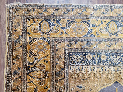 Rare Turkish Ghiordes Prayer Rug 4 x 5.8 ft, Late 19th Century Turkish Oriental Carpet, Mehrab Antique Prayer Rug, Museum Quality, Blue, Tan