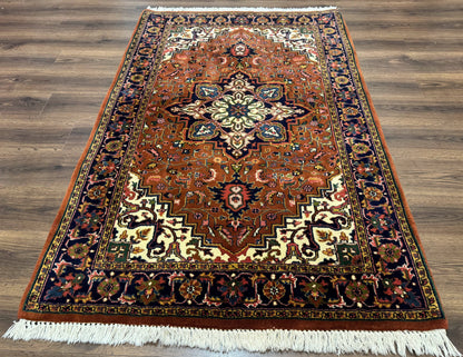 Indo Persian Heriz Rug 4x6 Handmade Wool Vintage Rust Red Navy Cream