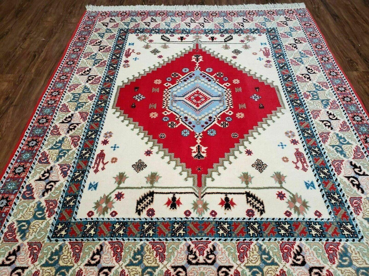 Vintage Moroccan Carpet 5x7 Area Rug, Berber Rug, Handmade Soft Wool Rug, Red Ivory and Blue, Geometric Medallion Rug, Bohemian Rug, Nice