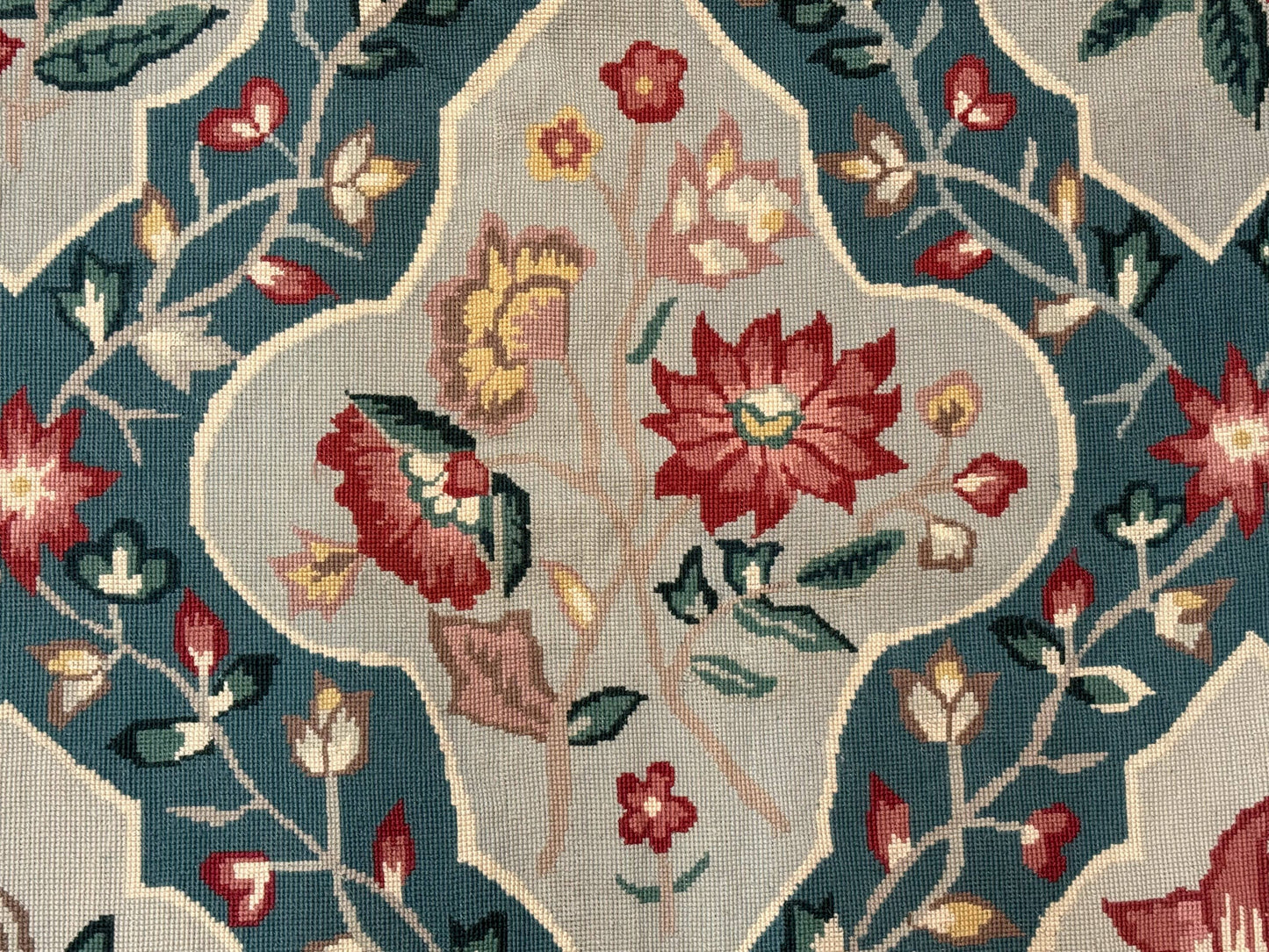 Teal Needlepoint Rug 6x9, Panel Design, Floral Bouquets, Handmade