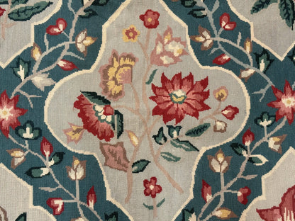Teal Needlepoint Rug 6x9, Panel Design, Floral Bouquets, Handmade