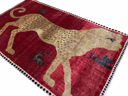 Leopard Print Wool Rug 3.5 By 6 Feet Hand Knotted Vintage Quality Handmade Red Tribal Area Rug