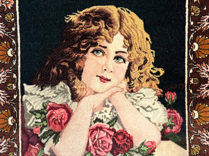 Persian Pictorial Rug Small Tabriz With Roses Portrait Of A Young Lady Handmade Wall Hanging