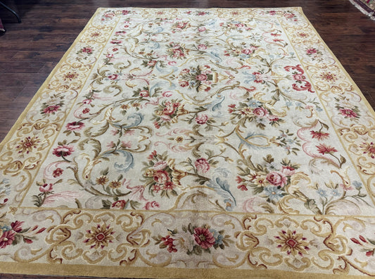 Aubusson Rug 8x10 Vintage Handmade Wool Carpet Floral Design