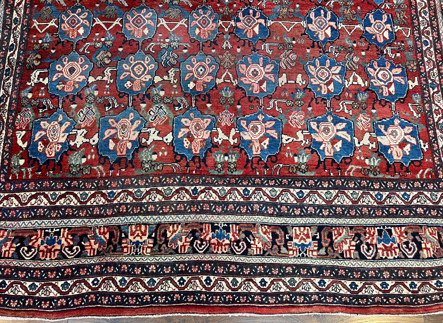 Antique Persian Bijar Rug 9x12 Allover Motif Red Blue Wool Handmade