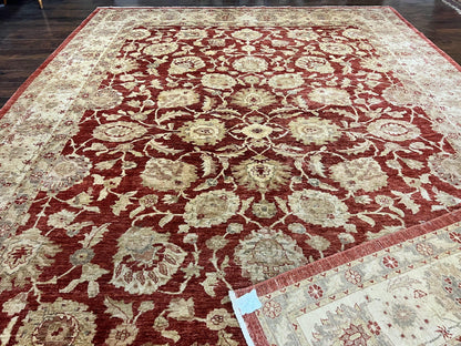 Pak Persian Rug 10x14, Sultanabad Mahal Peshawar Chobi Carpet, Large Vintage Wool Oriental Rug, Maroon & Beige, Floral Allover, Handmade